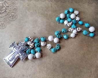 Lutheran rosary, Dia de Los Muertos, Lutheran prayer beads, stainless steel, hand-wired, turquoise and ivory skulls,  Southwestern cross