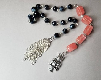 Baha'i prayer beads, 19 and 5, prayer bead strand, silver tone,  black glass and Cherry Quartz beads, handmade tassel,  owl charm, 5 and 19