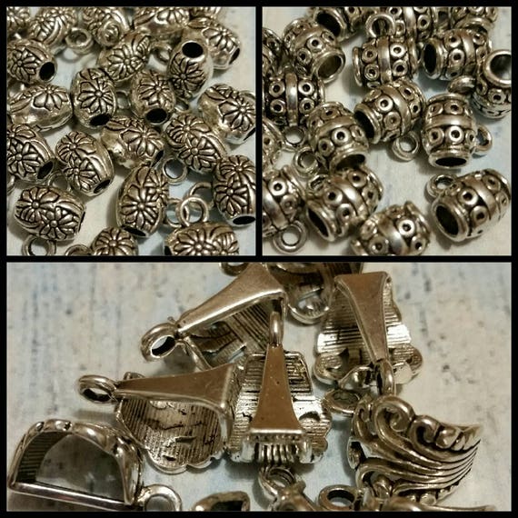 Destash, bails, antique silver toned metal jewelry bails x 10 or 20, three styles