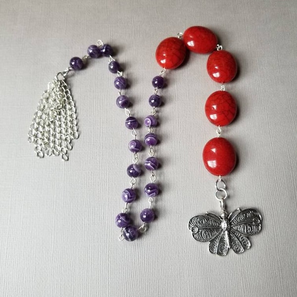 Baha'i prayer beads, Amethyst and burgundy,19 and 5 style, prayer aid, silver tone, butterfly charm, Baha'i prayer aid, 5 and 19, hand-wired