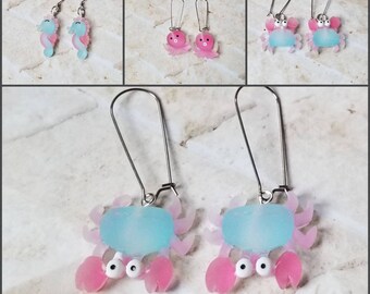 Whimsical earrings, kitschy earrings, sea life earrings, octopus earrings, crab earrings, seahorse earrings, pink and blue earrings