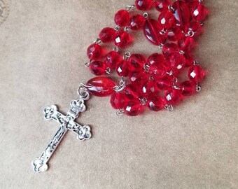 Orthodox prayer beads, Orthodox Chotki, red Czech faceted glass beads, budded crucifix, silver toned, Orthodox Chotki, Komboskini