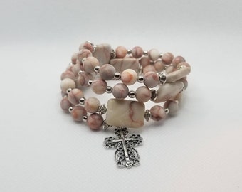 Lutheran rosary bracelet, Lutheran prayer bracelet, memory wire bracelet, wrap bracelet, gemstone beads, Redline Marble beads, filigree