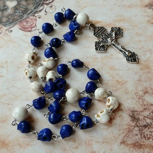 Orthodox prayer beads, Day of the dead, Orthodox Chotki, Komboskini, stainless steel, blue and ivory skull beads, Pardon crucifix