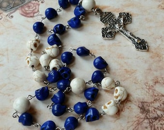 Orthodox prayer beads, Day of the dead, Orthodox Chotki, Komboskini, stainless steel, blue and ivory skull beads, Pardon crucifix