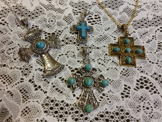 Southwestern style cross, silver metal cross, gold metal cross, turquoise blue stones, Howlite turquoise, large cross pendant, SW cross