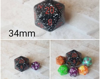 Space 34mm Jumbo d20, black and white speckled with red numbers, giant dnd dice, 34mm d20 dice, huge dnd dice,  jumbo d20, RPG dice