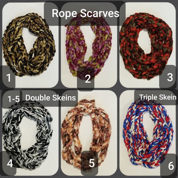 Double rope scarves, rope scarves, crocheted scarf, Sashay and various yarns, casual and comfy, two-toned, made with 2 or 3 skeins