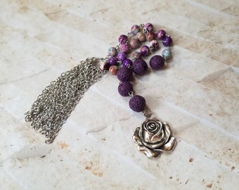 Baha'i prayer beads, 19 and 5 prayer beads, hand-wired, stainless steel, purple Sea Sediment Jasper, Lava stone, chain tassel, rose charm