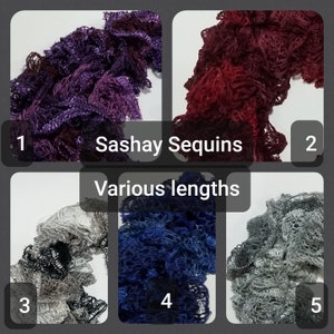 Sashay Sequins scarves, ruffled scarves, crocheted scarf, Sashay Sequins yarn, casual and comfy, many styles and colors, various lengths