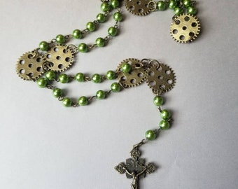 Lutheran prayer beads, Steampunk Lutheran prayer beads, Lutheran rosary, bronze  tone, green glass pearls, bronze gears, detailed crucifix