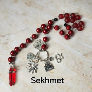 Sekhmet prayer beads, Kemetic Goddess prayer beads, hand-wired, beautiful beads, silver-toned charms, Goddess, Egyptian, pagan,