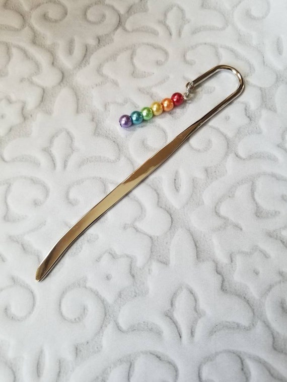 Rainbow bookmark, LGBT pride bookmark, awareness bookmark, place marker, rainbow glass pearls, Shepherd's hook, gay pride book marker