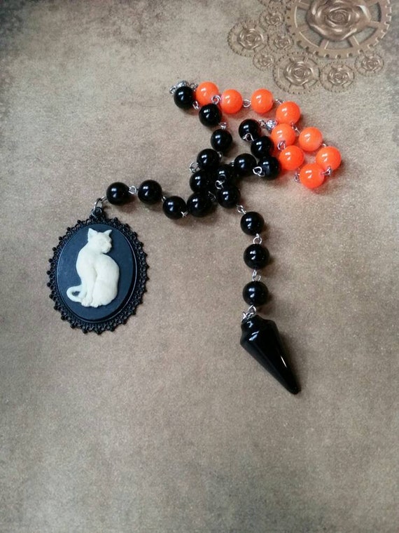 Samhain prayer beads, pagan prayer beads, Samhain witches prayer beads, stainless steel, Malay jade, Black Onyx pendulum, cat cameo