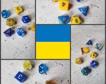 Show your support for Ukraine, 16mm dnd dice sets, themed hand picked dnd dice, curated set, polyhedral dice, gaming dice, Ukrainian colors