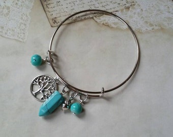 Pagan charm bangle, expandable bangle, silver charm bangle, charm bracelet, Wiccan jewelry, matches witch ladder, Howlite turquoise, tree