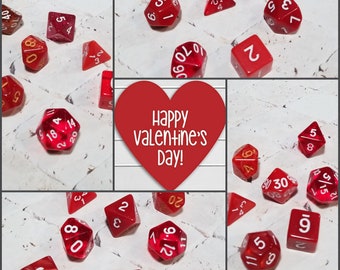 Valentine's day inspired 16mm dice sets, dnd dice sets, themed dnd dice, curated set, polyhedral dice, RPG dice, red dice set