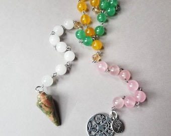 Imbolc prayer beads, pagan prayer beads, witches prayer beads, stainless steel, Malay jade, Unakite pendulum, four seasons charm, tree charm