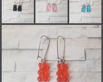 Whimsical earrings, kitschy earrings, animal earrings, gummy bear earrings, candy earrings, stainless steel wires, gummy candy earrings