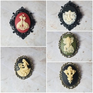Cameo brooch, brooch pins, cameo pin, faerie cameo brooch, cat cameo brooch, dragonfly brooch, nouveau lady brooch, woman with harp cameo