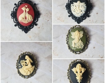 Cameo brooch, brooch pins, cameo pin, faerie cameo brooch, cat cameo brooch, dragonfly brooch, nouveau lady brooch, woman with harp cameo