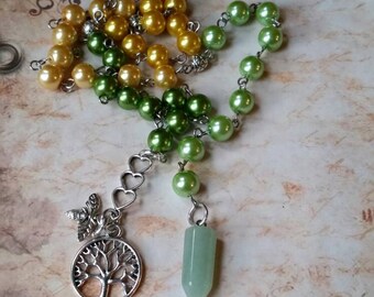 Beltane prayer beads, pagan prayer beads, witches prayer beads, stainless steel, glass pearls, Green Aventurine pendulum, tree of life charm