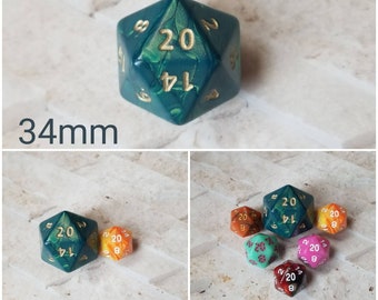 Green pearl 34mm Jumbo d20, green pearl with gold numbers, giant dnd dice, 34mm d20 dice, huge dnd dice, jumbo d20, RPG dice