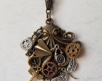 Steampunk pendant, mixed metal pendant, Steampunk necklace, Steampunk assemblage, unique gift, fantasy necklace, cosplay necklace, Octopus