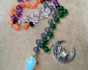 Samhain prayer beads, pagan prayer beads, Samhain witches prayer beads, stainless steel, sea glass beads, Opalite pendulum, crescent moon