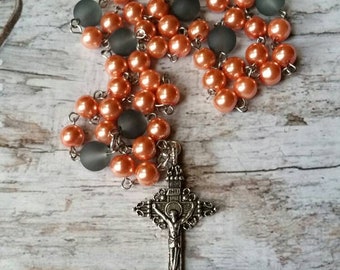 Lutheran prayer beads, Lutheran rosary, stainless steel, hand-wired, Halloween themed prayer beads, orange glass pearls, black sea glass