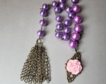Baha'i prayer beads, 19 and 5 prayer beads, bronze tone, purple glass pearls, handmade chain tassel, hand-wired, pink rose, filigree design
