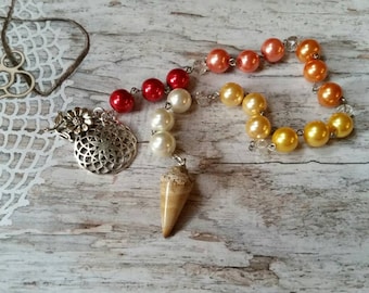 Beltane prayer beads, pagan prayer beads, witches prayer beads, stainless steel, glass pearls, Picture Jasper, flower of life charm