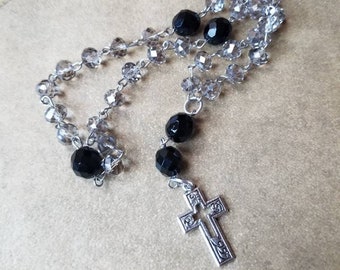 Anglican prayer beads, Episcopal, Protestant prayer beads, Methodist rosary, stainless steel, gray and black faceted Czech glass, open cross