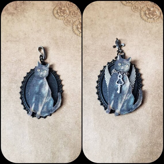 Black cat pendant, cat pendant, cat necklace, angel cat necklace, Goth jewelry, black cat jewelry, Witches familiar pendant, Hecate's cat