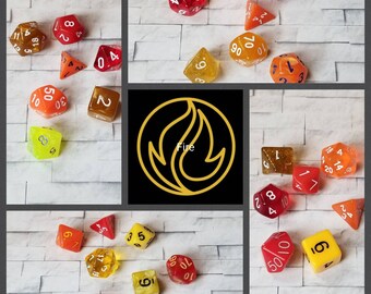 Sets of 7 Fire 16mm dnd dice, polyhedral gaming dice, DnD dice set, RPG dice, D and D dice, gaming dice, curated sets, elemental dice set