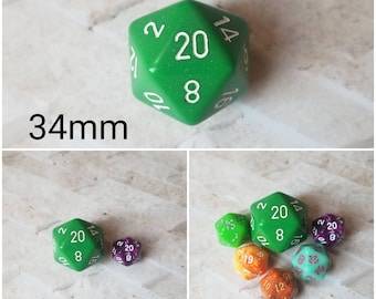 Green and white 34mm Jumbo d20, dnd dice, oversized d20, jumbo sized d20, dnd d20, dnd dice, ttrpg dice, 34mm jumbo dnd d20