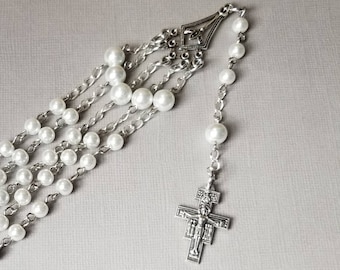 Catholic open style five decade rosary, silver toned, white glass pearls, San Damiano  crucifix, religious, hand-wired