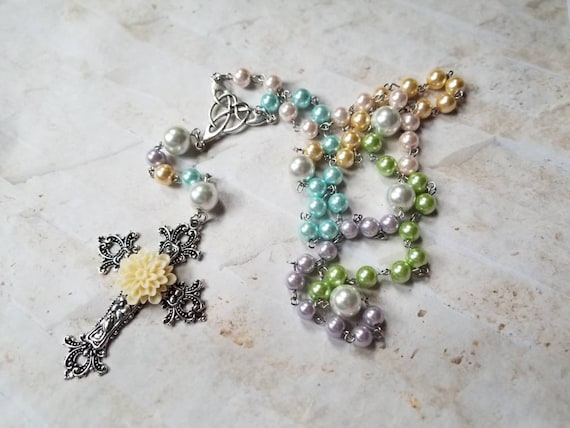 Easter rosary, Catholic rosary, five decade rosary, stainless steel, glass pearls, pastel colors, huge ornate cross, ivory Dahlia, Spring