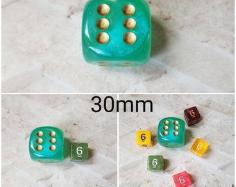 30mm Chessex Borealis Light Green with Gold pips dice, Chessex 30mm die, Borealis Luminary dice, mega titan d6, dnd dice, extra d6 dice