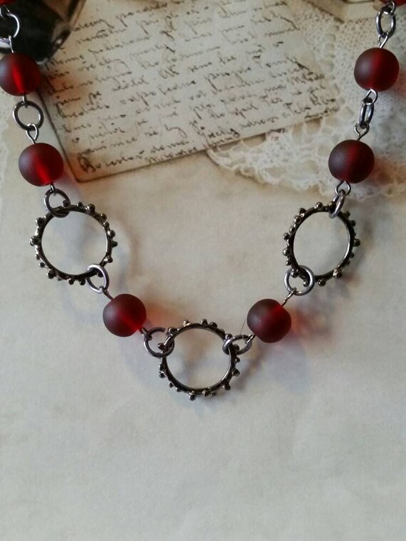 O ring day collar, red sea glass beads, discreet day collar, symbolic jewelry, BDSM collar, submissive collar, O ring necklace, gunmetal