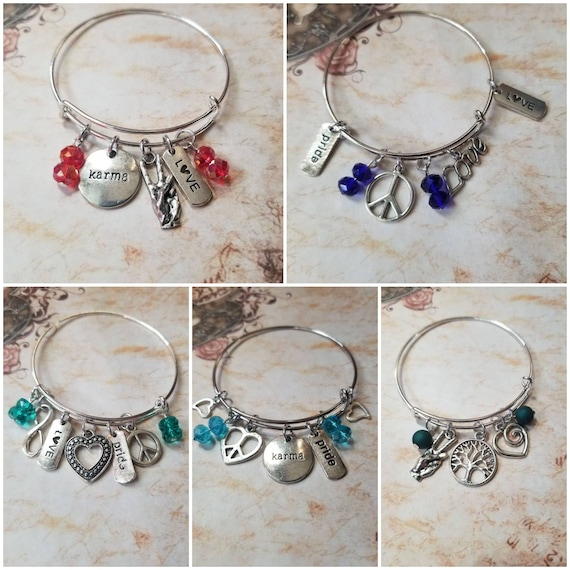 Peace bangle, Karma bangle, heart bracelet, expandable bangle, silver metal bangle, Czech glass beads, silver toned charms, affirmation