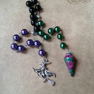 Samhain prayer beads, pagan prayer beads, Samhain witches prayer beads, stainless steel, glass pearls, gemstone pendulum, witch on broom