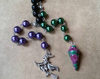 Samhain prayer beads, pagan prayer beads, Samhain witches prayer beads, stainless steel, glass pearls, gemstone pendulum, witch on broom