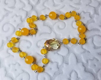 UU Prayer beads, Unitarian universalist prayer beads, stainless, hand wired, yellow sea glass, yellow Malay Jade, faceted topaz glass