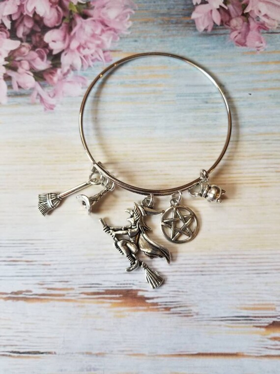 Expandable pagan bangle, charm bracelet, charm bangle, metal bangle, pagan bracelet, Wiccan bracelet, Goddess jewelry, witch charm bangle
