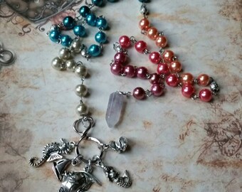 Summer prayer beads, pagan prayer beads, Beach themed prayer beads, stainless steel, Amethyst pendulum, sunset at the beach, 5 beach charms