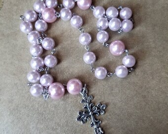 Anglican Prayer beads, Episcopal, Protestant prayer beads, Methodist, pink glass pearls, hand-wired, stainless steel, floral design cross
