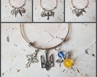 Support Ukraine bangle, solidarity bracelet, Ukrainian flag colors, Ukrainian jewelry, stainless steel bangle, Tryzub bangle, religious