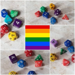 Dés arc-en-ciel opaques de 16 mm, choisis à la main, ensemble de dés de jeu polyédriques, jeu de dés DnD, dés RPG, jeu de 7 dés DnD, dés LGBTQ