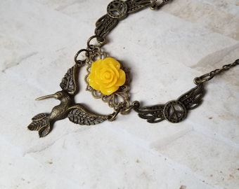Victorian hummingbird necklace, yellow rose, bronze hummingbird, OOAK necklace, hummingbird jewelry, bronze wings, peace necklace, Victorian